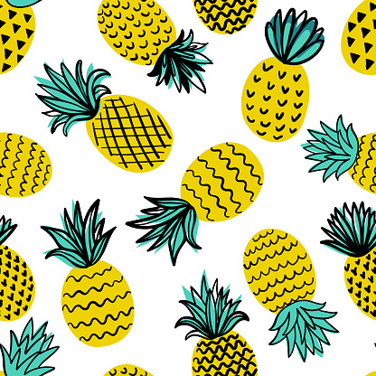 Tropical seamless pattern with yellow pineapples. Hand drawn pineapples pattern on white background. for fabric, drawing labels, print, wallpaper of children's room, fruit background