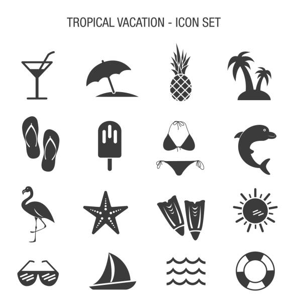 Tropical Vacation Icon Set Vector of Tropical Vacation Icon Set beach icons stock illustrations
