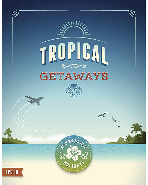 Tropical Vacation Poster Tropical vacation background.Eps 10 file with transparencies.File is layered with global colors.Only gradients,blur(clouds) and drop shadow(labels) used.Hi res jpeg without text-labels included.More works like this linked below.http://www.myimagelinks.com/Lightboxes/summer_2_files/shapeimage_2.png airplane borders stock illustrations