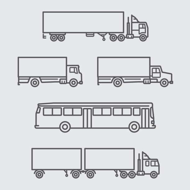 트럭과 버스의 측면 볼 라인 아이콘 - 세미 트럭 stock illustrations