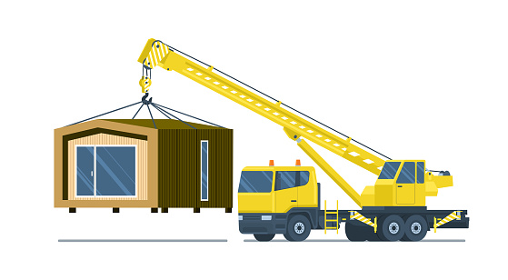 Truck crane lifts assembled modular home. Vector illustration.
