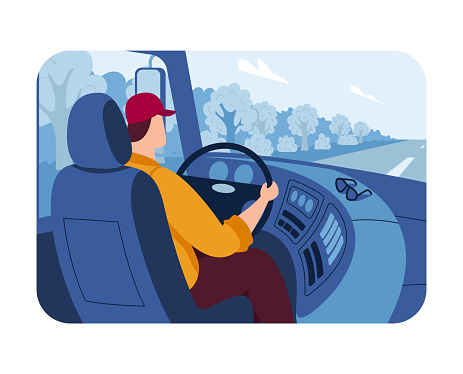 Truck driver work, large truck cabin, work transport, reliable vehicle, professional driver, cartoon style vector illustration.