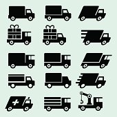 Some various truck icons. Black outline, various versions of the truck. Include ambulance, fast delivery truck, gift or present truck ( that could be used for free shipping ) . Include also a truck with a crane.