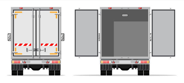 Truck trailer rear view side Truck trailer rear view side with closed and open doors. Delivery van isolated. Express delivering services commercial truck. Fast and free delivery by car. Cargo logistic. Flat vector illustration semi truck back stock illustrations