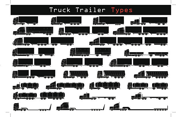 Truck trailer types Truck trailer types in black and white sleeping silhouettes stock illustrations