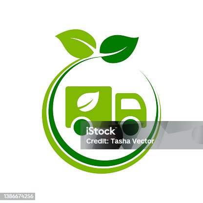 istock Truck with a leaf icon. Green eco truck inside circle with leaves. 1386674256