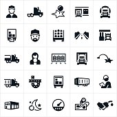 Icons related to the trucking industry. The icons include a semi truck, truck driver, loading dock, hauling, delivering, log truck, open road, interstate, gas station, tanker truck, dispatcher, inspector, CB radio and gas pump among others.