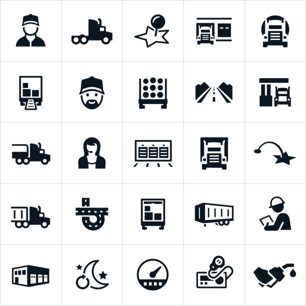 Trucking Industry Icons Icons related to the trucking industry. The icons include a semi truck, truck driver, loading dock, hauling, delivering, log truck, open road, interstate, gas station, tanker truck, dispatcher, inspector, CB radio and gas pump among others. trucking stock illustrations
