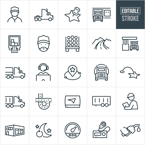 A set of trucking industry icons that include editable strokes or outlines using the EPS vector file. The icons include a truck driver, semi-truck, loading bay, map marker, open semi truck with boxes, truck with lumber, country road, highway, gas station, fuel tanker, customer support representative, destination, GPS, semi trailer, inspector, warehouse, around the clock driving, tachometer, CB radio and gas pump.
