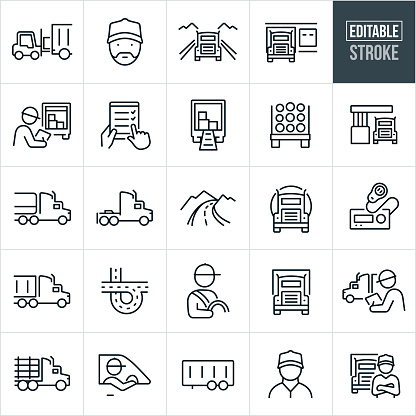 A set of trucking icons that include editable strokes or outlines using the EPS vector file. The icons include a forklift loading a semi-trailer, semi-truck driving down the road, semi-truck at loading dock of distribution warehouse, truck driver, person loading semi-truck, dockworker loading truck, inventory checklist, loaded truck, logging truck, semi-truck at gas station, tanker truck, open road, city road, CB radio, semi-truck trailer and other related icons.