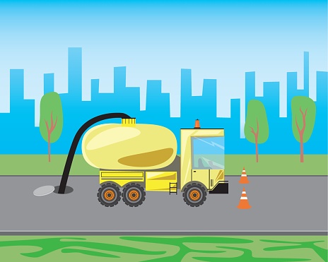 Trucks with a tank works with a sewer manhole, flat vector stock illustration with a heavy machine as the end of a sewer cleaning