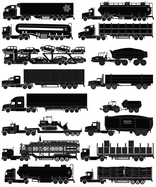 Trucks with trailers silhouettes set. Vector illustration Trucks with trailers silhouettes set. Semi-trailers trucks. Isolated on white. Flat style icons semi truck side view stock illustrations
