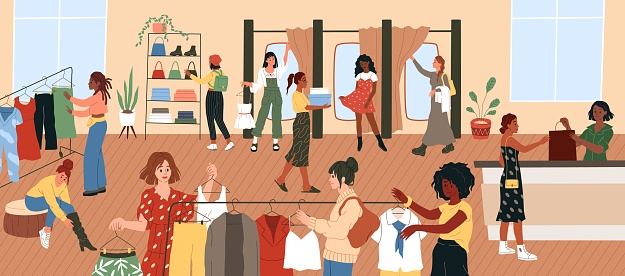 Trying clothes. Women try dresses and shoes in boutique or shop. Apparel shopping, super sales time, people try outfits, look mirror, pay for goods at checkout. Vector fashion concept