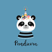 T-shirt Print Design for Kids with Little Funny Pandicorn. Doodle Magic Cute Unicorn Panda Bear with Flower Horn. Cartoon Animal Vector illustration. Scandinavian Poster, Baby Shower Greeting Card