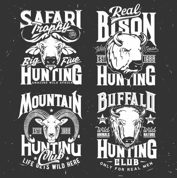 Tshirt print with mountain goat, buffalo and bison Tshirt print with mountain goat, buffalo and bison heads. Vector wild animals mascots for hunting and safari hunter club, black and white labels for apparel design, isolated emblems for hunt society buffalo new york stock illustrations