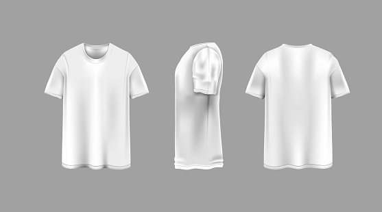 T-shirt template set, front, side, back view mockup.