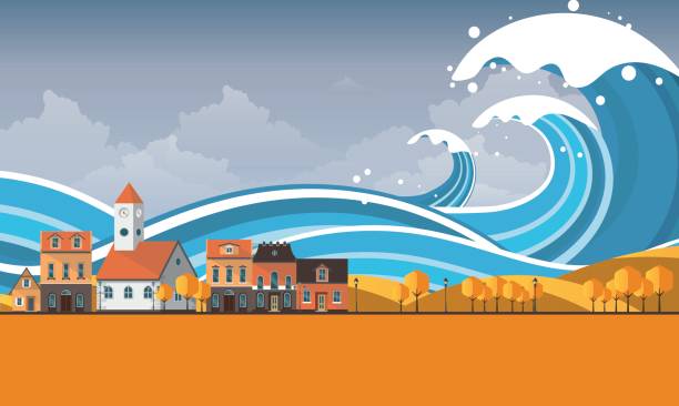 цунами, наводнение, вектор иллюстрация. перегибленный пейзаж. eps 10 - tsunami stock illustrations