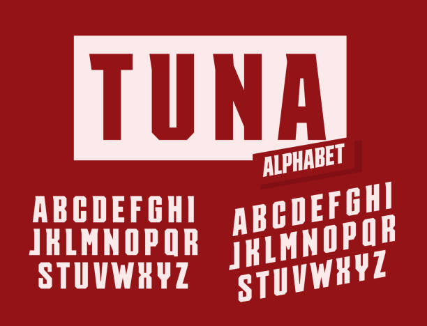 Tuna letters set. Stretched and tall with trendy angular serifs style vector latin alphabet. Fonts for events, promotions, logos, banner, monogram and poster. Typography design. vector art illustration