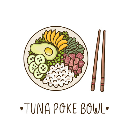 Tuna poke bowl - Hawaiian dish, rice with ahi tuna, avocado, mango, cucumber and seaweed. It can be used for menu, banner, poster and other marketing materials. Vector Image.