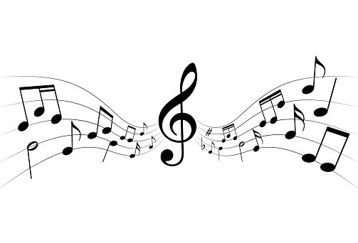 Musical notes graphic background. Music notes and staff on white background. Melody symbol. Vector illustration