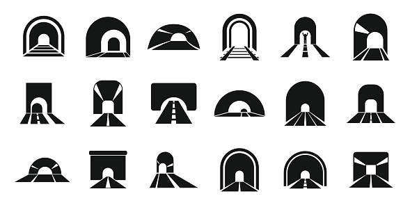 Tunnel icons set simple vector. Rail track. Metro arch
