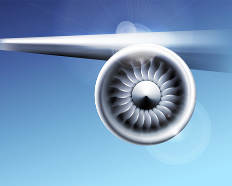Turbine engine jet for airplane with fan blades in a circular motion. Vector illustration for aircraft industry. Close-up on blue background
