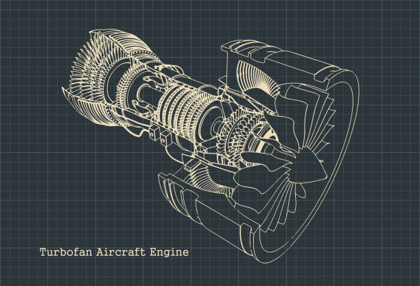 Turbofan engine blueprint Stylized vector illustration drawings of a turbofan engine airplane drawings stock illustrations