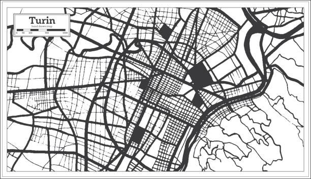 illustrazioni stock, clip art, cartoni animati e icone di tendenza di torino italia city mappa in bianco e nero in stile retrò. mappa struttura. - torino