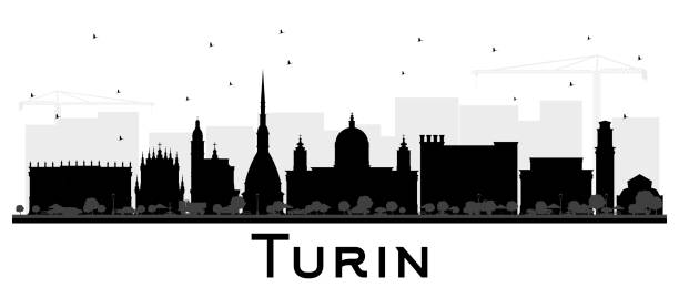 illustrazioni stock, clip art, cartoni animati e icone di tendenza di torino italia city skyline silhouette con edifici neri isolati su bianco. - torino