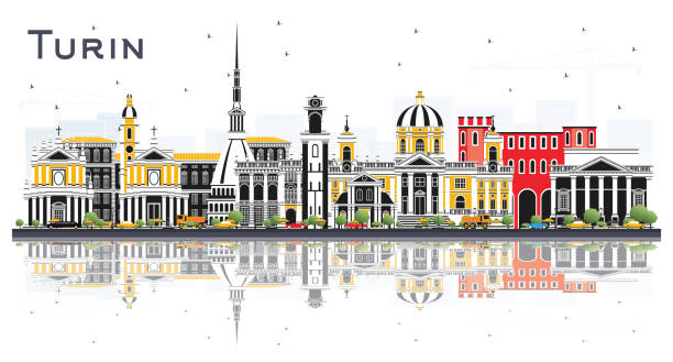 illustrazioni stock, clip art, cartoni animati e icone di tendenza di skyline della città di torino italia con edifici a colori e riflessi isolati sul bianco. - torino