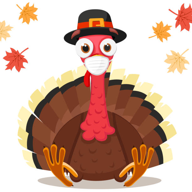 ilustrações de stock, clip art, desenhos animados e ícones de turkey bird in a medical mask, coronavirus concept. thanksgiving day - turkey