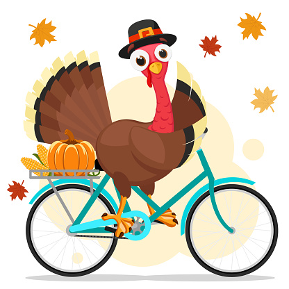 Turkey bird rides a bicycle and flaps its wing. Thanksgiving Day