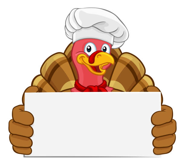 Turkey Chef Thanksgiving or Christmas Cartoon Chef Turkey Thanksgiving or Christmas bird animal cartoon character. Wearing a chefs hat and holding a background sign thanksgiving diner stock illustrations