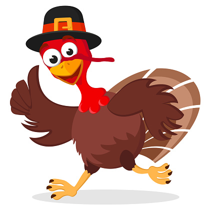 Turkey in a hat runs on a white background. Character