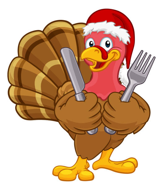 Turkey In Santa Hat Christmas Thanksgiving Cartoon Turkey Christmas or Thanksgiving Holiday cartoon character wearing a Santa Claus hat and holding cutlery knife and fork thanksgiving diner stock illustrations