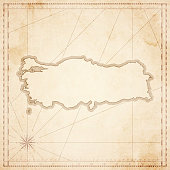 Map of Turkey in vintage style. Beautiful illustration of antique map on an old textured paper of sepia color. Old realistic parchment with a compass rose, lines indicating the different directions (North, South, East, West) and a frame used as scale of measurement.Vector Illustration (EPS10, well layered and grouped). Easy to edit, manipulate, resize or colorize. Please do not hesitate to contact me if you have any questions, or need to customise the illustration. http://www.istockphoto.com/portfolio/bgblue