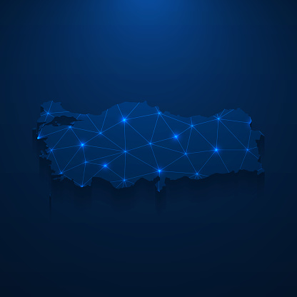 Turkey map network - Bright mesh on dark blue background