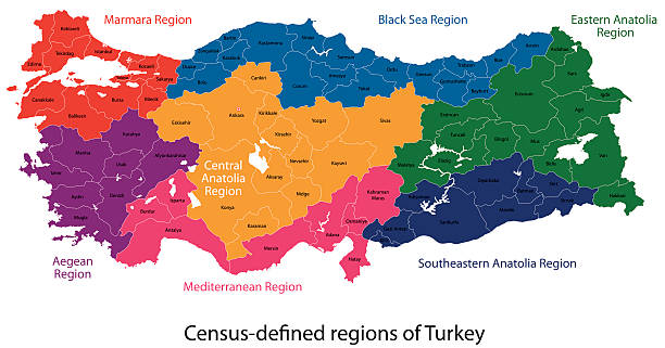 Turkey map Turkey map designed in illustration with regions colored in bright colors territorial animal stock illustrations