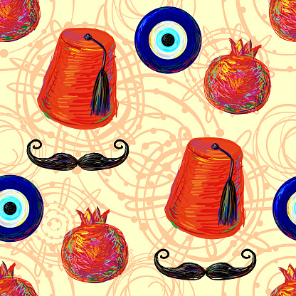 Turkish Seamless pattern with fez, mustache, pomegranate and Turkish eye