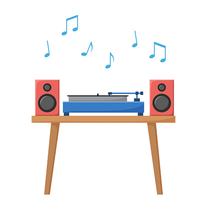 Turntable playing vinyl record. Retro audio device with acoustic system. Analog music player in flat style. Vector