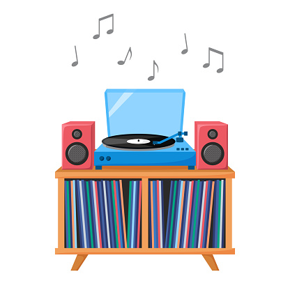 Turntable playing vinyl record. Retro audio device with acoustic system. Analog music player with vinyl collection. Vector