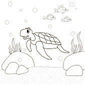 Turtle on the sea bottom and the fish swim , cartoon Coloring pages. Coloring book for children. Vector