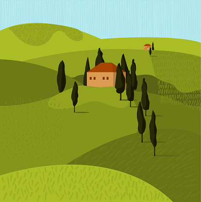 Tuscan landscape. House in the trees.