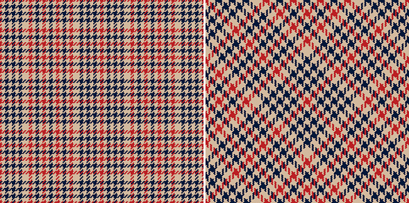 Tweed check pattern in brown beige, red, navy blue. Seamless pixel textured dark dog tooth tartan plaid background for dress, jacket, scarf, other modern spring autumn winter fashion fabric design.