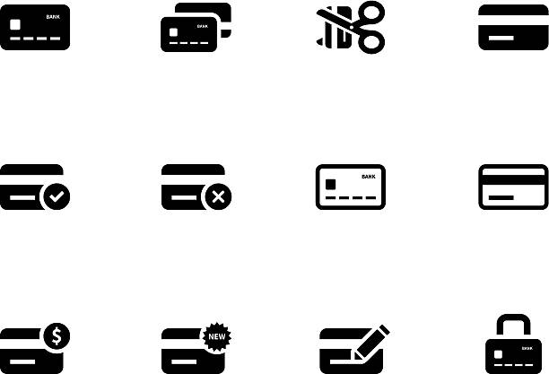 Twelve black and white cartoon graphics of credit card icons The illustration was completed July 20, 2013 and created in Adobe Illustrator CS6. credit and credit cards stock illustrations