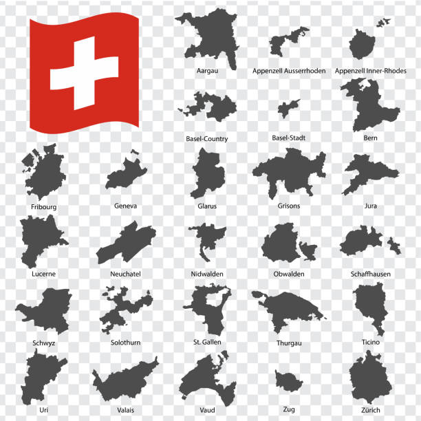 двадцать шесть карт регионы швейцарии - алфавитный порядок с именем. каждая карта кантона перечислена и изолирована с формулировками и наз� - freiburg stock illustrations