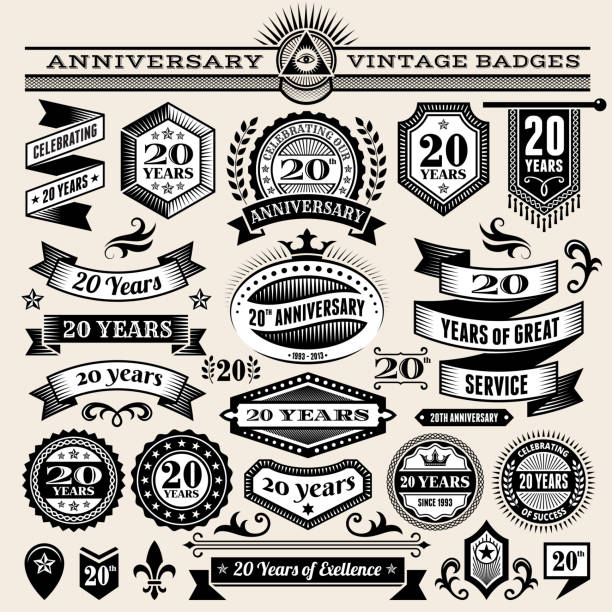 twenty year anniversary hand-drawn royalty free vector background on paper twenty year anniversary hand-drawn royalty free vector background on paper. This image depicts a paper background with multiple twenty year anniversary announcement designs. The beige paper background serves a perfect backdrop for making the twenty year anniversary announcements look authentic and elegant. The hand-drawn design are unique and intricate in design and are ideal for your twenty year anniversary design announcements. 20 24 years stock illustrations