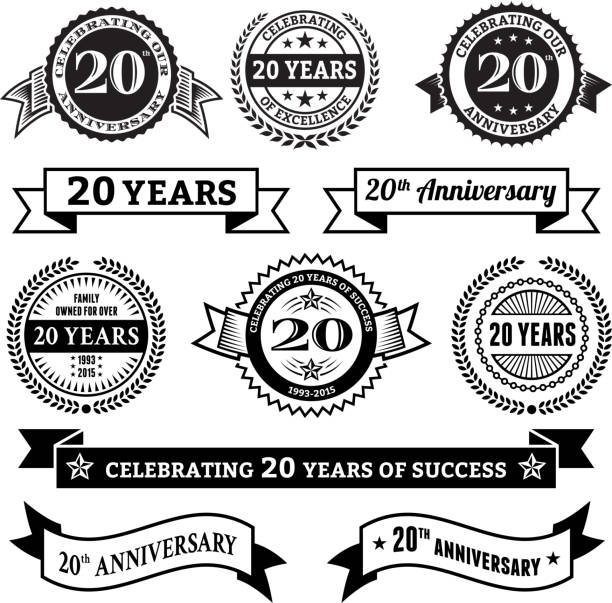 twenty year anniversary vector badge set royalty free vector background twenty year anniversary vector badge set royalty free vector background. This image depicts multiple anniversary announcement designs on simple white background. The anniversary announcements look authentic and elegant. There are several designs of bages and insignia elements as well as banner ribbons. The designs are black. 20 24 years stock illustrations