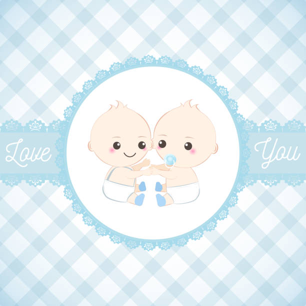 ilustraciones, imágenes clip art, dibujos animados e iconos de stock de twin bebés niño y encaje marco, tarjeta de ducha de bebé. tarjeta de felicitación - twins
