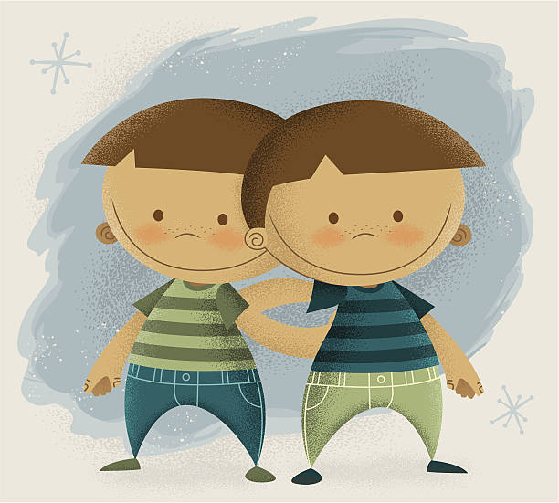 Twin Boys Twin boys with their arms around each other, wearing matching outfits, created in a vintage retro-modern style. twins stock illustrations